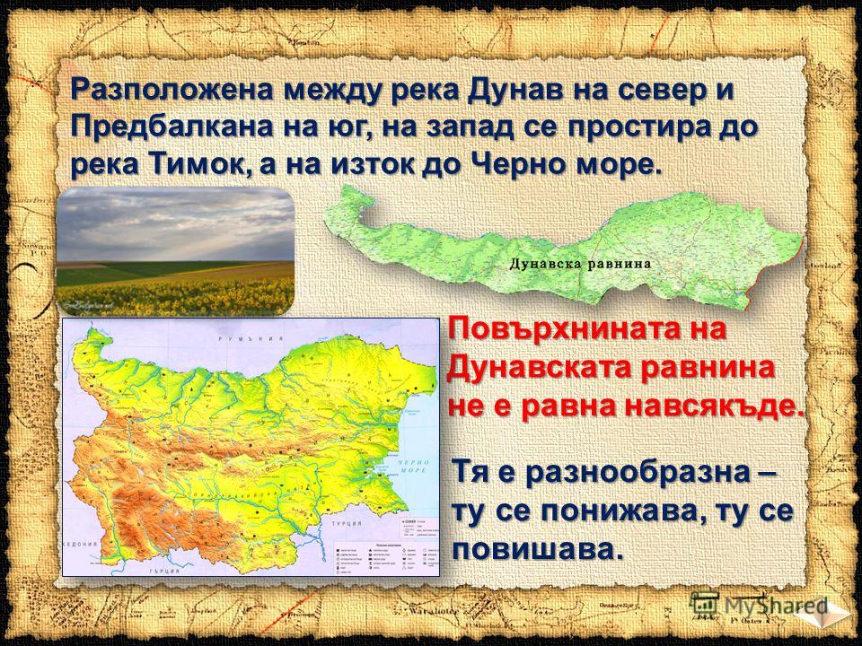 Повърхнината на Дунавската равнина не е равна навсякъде. Тя е разнообразна – ту се понижава, ту се повишава. Разположенa между река Дунав на север и Предбалкана на юг, на запад се простира до река Тимок, а на изток до Черно море.