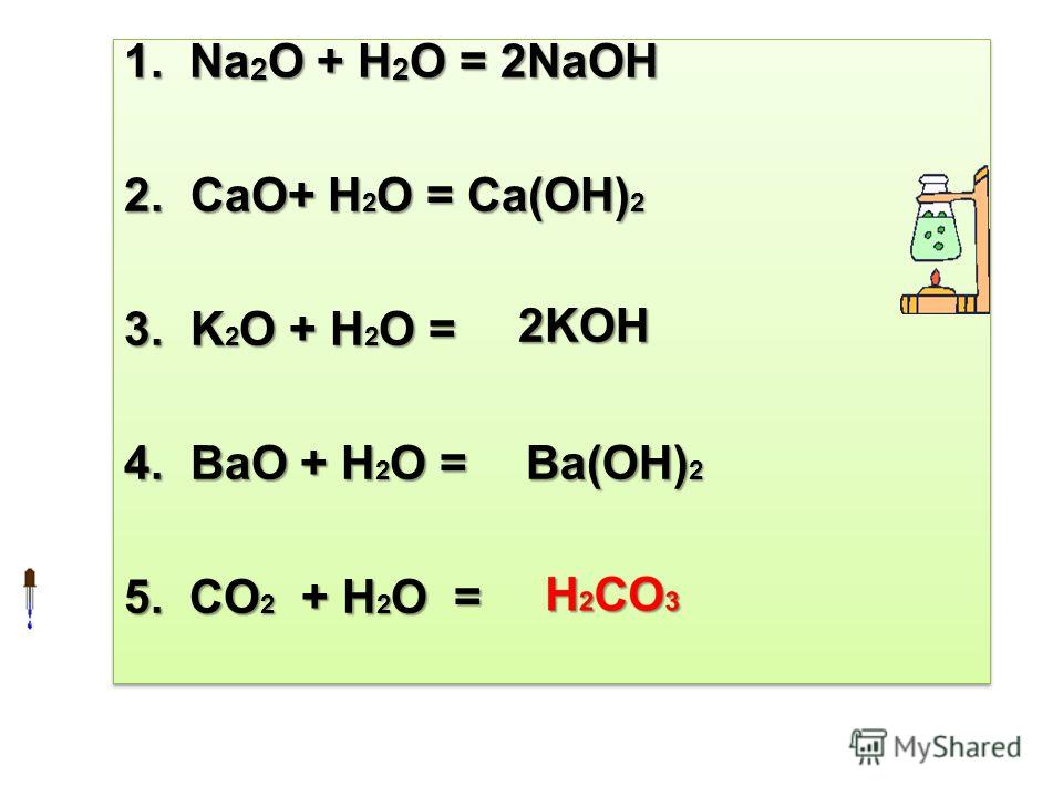 Химические свойства оснований 1. Na 2 O + H 2 O = 2NaOH 2. CaO+ H...