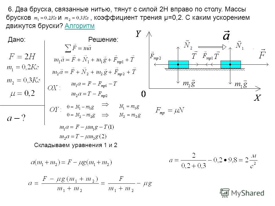 Два тела масс m1 и m2, связанные невесомой нитью, лежат на гладкой горизонтальной