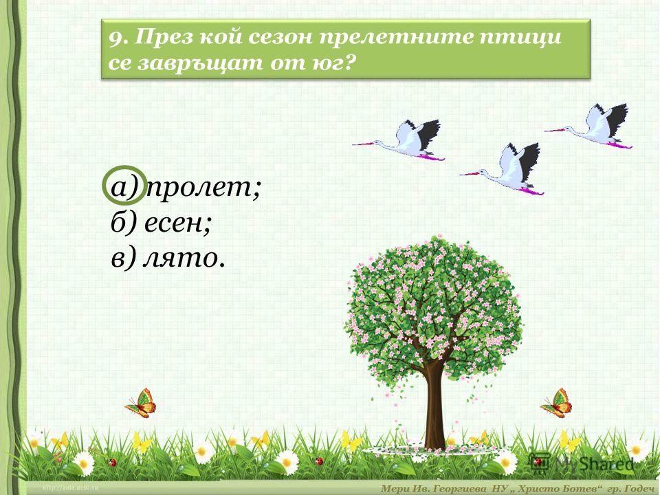 а) пролет; б) есен; в) лято. 9. През кой сезон прелетните птици се завръщат от юг?