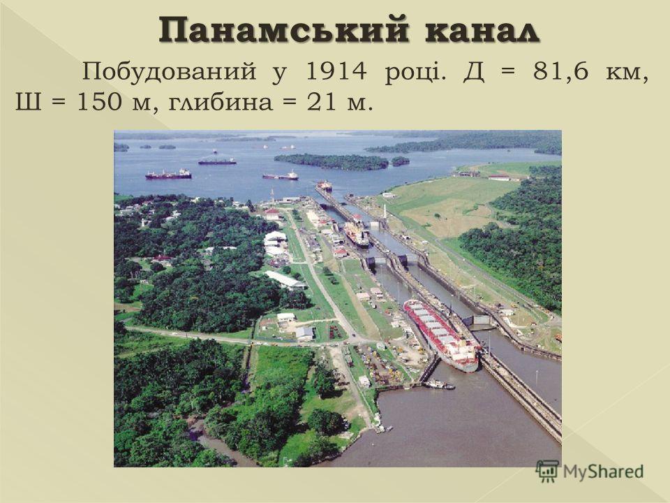 Панамський канал Побудований у 1914 році. Д = 81,6 км, Ш = 150 м, глибина = 21 м.