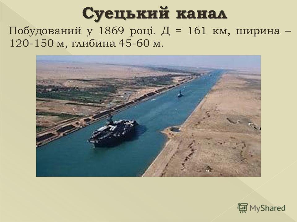 Суецький канал Побудований у 1869 році. Д = 161 км, ширина – 120-150 м, глибина 45-60 м.
