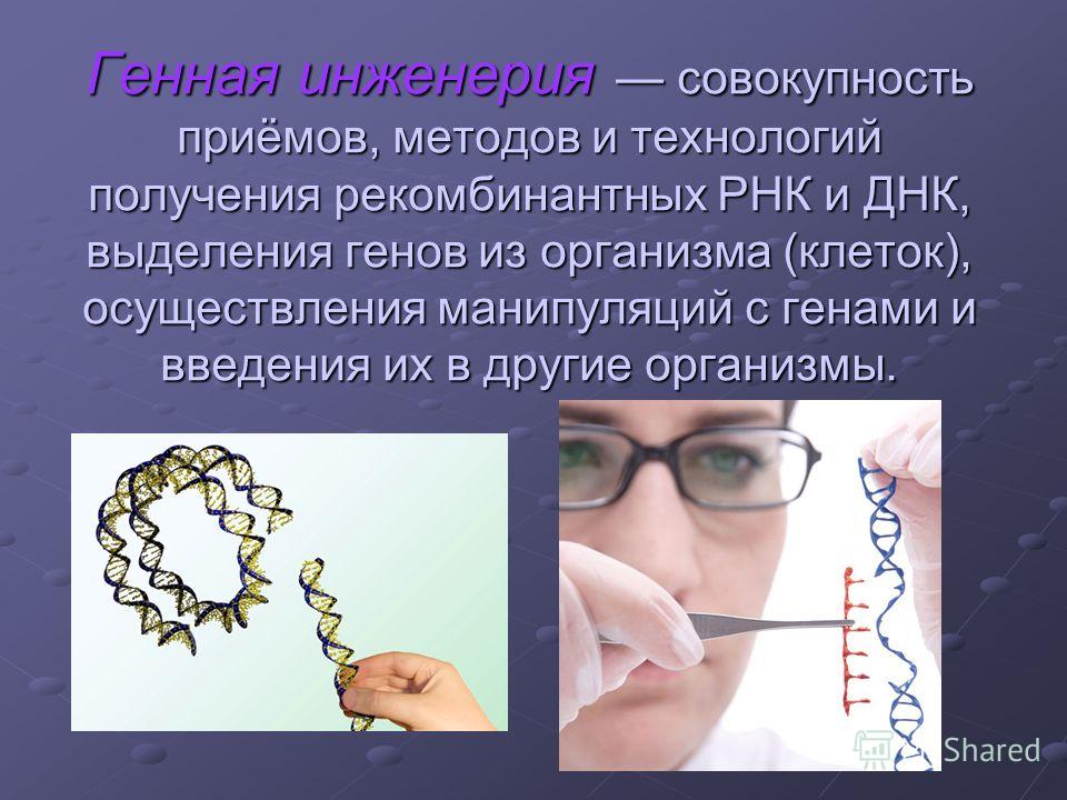 Генная инженерия совокупность приёмов, методов и технологий получения рекомбинантных РНК и ДНК, выделения генов из организма (клеток), осуществления манипуляций с генами и введения их в другие организмы.
