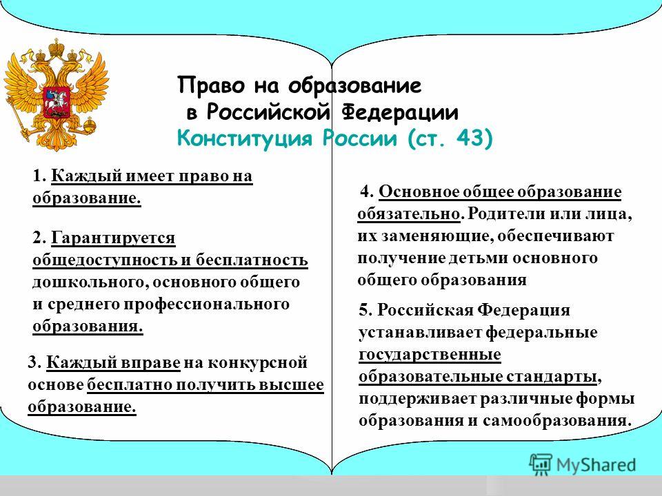 Право на образование в Российской Федерации Конституция России (ст. 43) 5. Российская Федерация устанавливает федеральные государственные образовательные стандарты, поддерживает различные формы образования и самообразования. 4. Основное общее образов