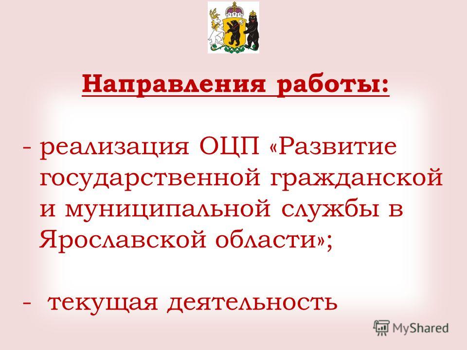 Направления работы: -реализация ОЦП «Развитие государственной гражданской и муниципальной службы в Ярославской области»; - текущая деятельность