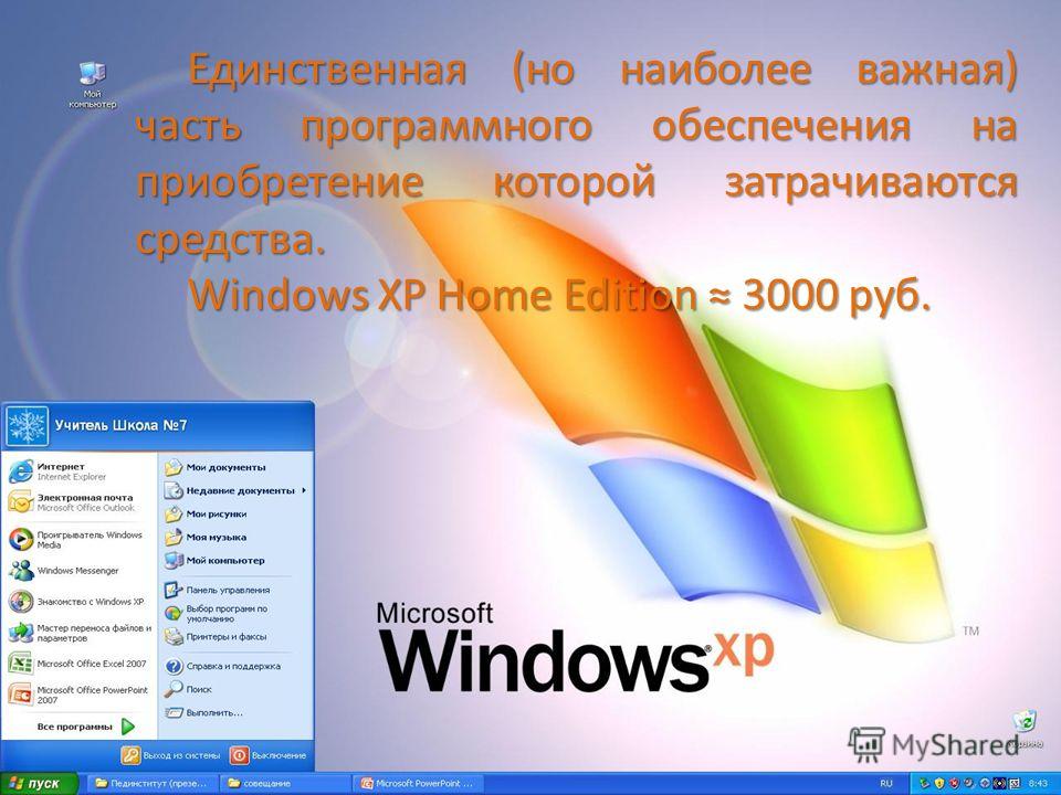 Единственная (но наиболее важная) часть программного обеспечения на приобретение которой затрачиваются средства. Windows XP Home Edition 3000 руб.