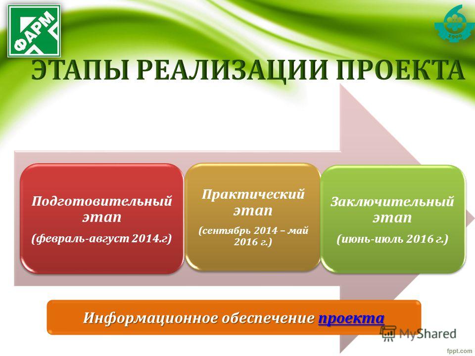 Подготовительный этап (февраль-август 2014.г) Практический этап (сентябрь 2014 – май 2016 г.) Заключительный этап (июнь-июль 2016 г.) Информационное обеспечение проекта проекта