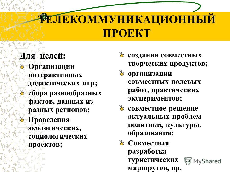 Этапы проведения учебного телекоммуникационного проекта Телекоммуникационные проекты в образовании