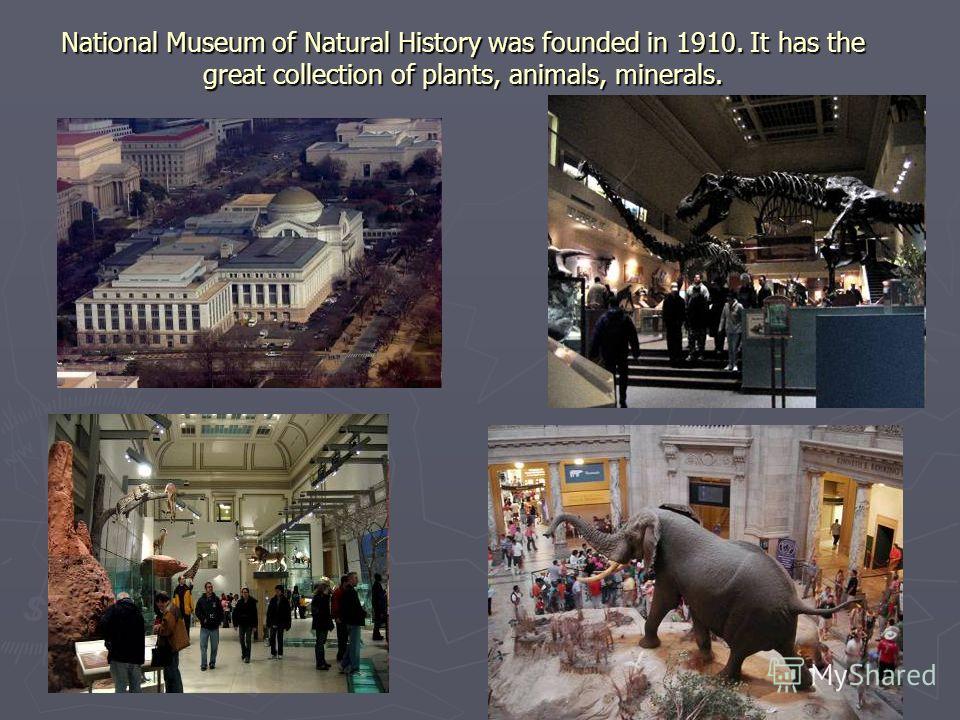 National Museum of Natural History was founded in 1910. It has the great collection of plants, animals, minerals.