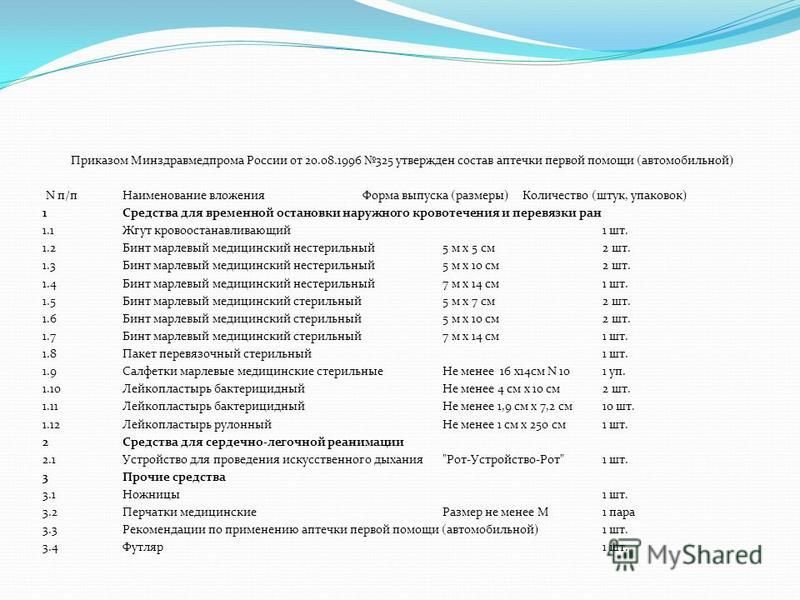 приказ 325 от 20.08.1996 с изменениями Автомобильная аптечка водителя гост 2017-2018 рф состав перечень.