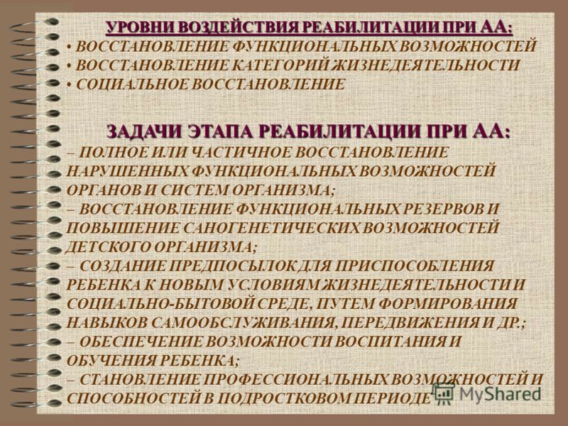 УРОВНИ ВОЗДЕЙСТВИЯ РЕАБИЛИТАЦИИ ПРИ АА : ВОССТАНОВЛЕНИЕ ФУНКЦИОНАЛЬНЫХ ВОЗМОЖНОСТЕЙ ВОССТАНОВЛЕНИЕ КАТЕГОРИЙ ЖИЗНЕДЕЯТЕЛЬНОСТИ СОЦИАЛЬНОЕ ВОССТАНОВЛЕН