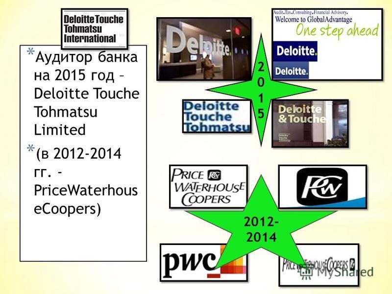 * Аудитор банка на 2015 год – Deloitte Touche Tohmatsu Limited * (в 2012-2014 гг. - PriceWaterhous eCoopers) 20152015 2012- 2014