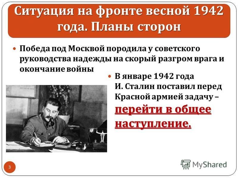Ситуация на фронте весной 1942 года. Планы сторон Победа под Москвой породила у советского руководства надежды на скорый разгром врага и окончание войны 3 перейти в общее наступление. В январе 1942 года И. Сталин поставил перед Красной армией задачу 