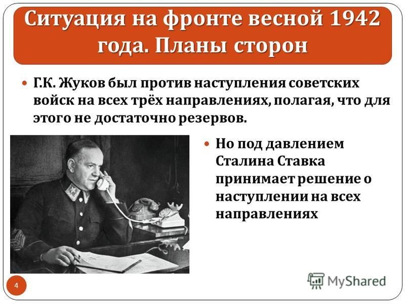 Ситуация на фронте весной 1942 года. Планы сторон Г.К. Жуков был против наступления советских войск на всех трёх направлениях, полагая, что для этого не достаточно резервов. 4 Но под давлением Сталина Ставка принимает решение о наступлении на всех на