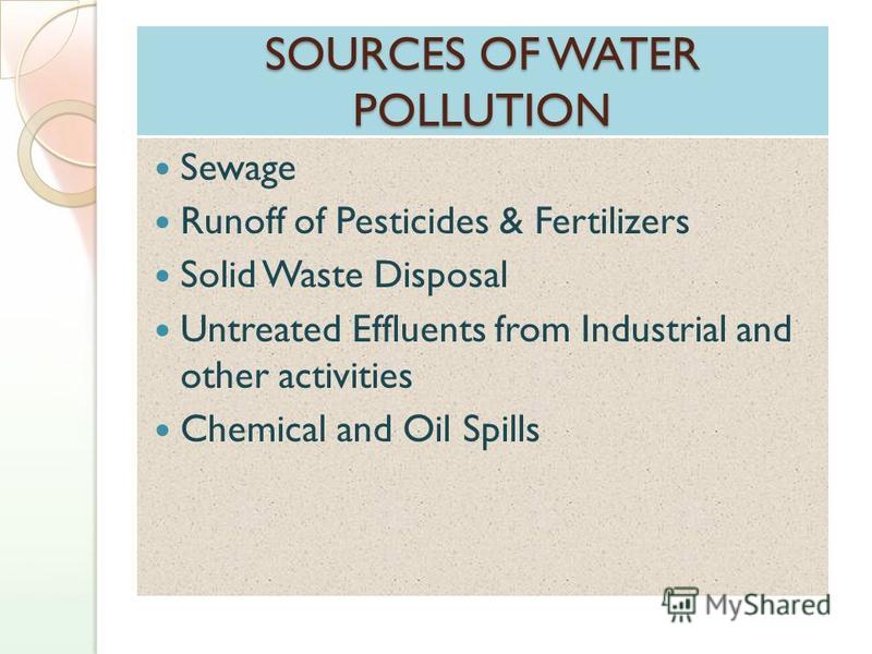 SOURCES OF WATER POLLUTION Sewage Runoff of Pesticides & Fertilizers Solid Waste Disposal Untreated Effluents from Industrial and other activities Chemical and Oil Spills