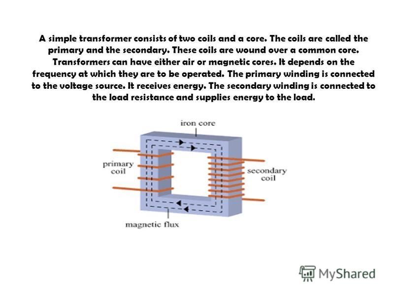 A simple transformer consists of two coils and a core. The coils are called the primary and the secondary. These coils are wound over a common core. Transformers can have either air or magnetic cores. It depends on the frequency at which they are to 