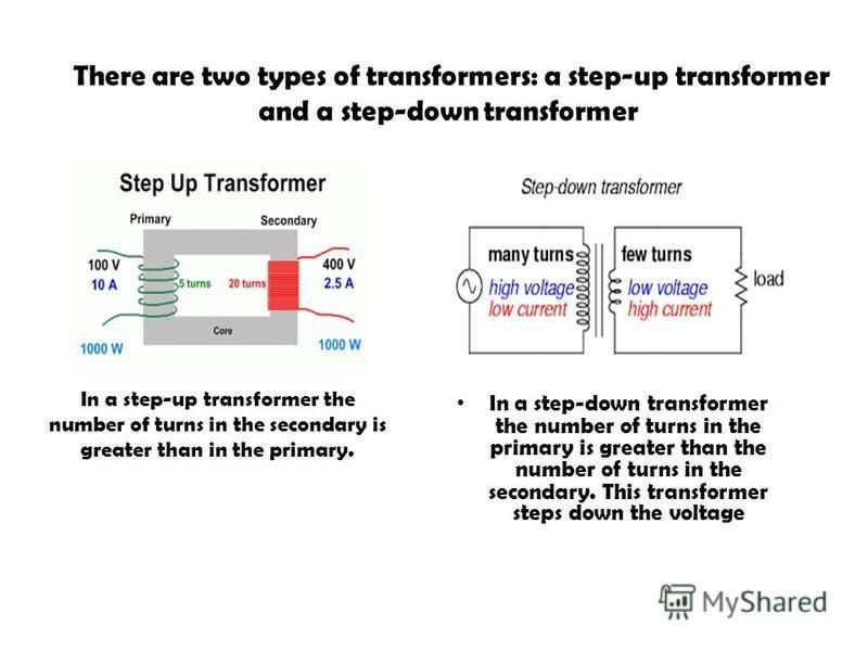 There are two types of transformers: a step-up transformer and a step-down transformer In a step-down transformer the number of turns in the primary is greater than the number of turns in the secondary. This transformer steps down the voltage In a st