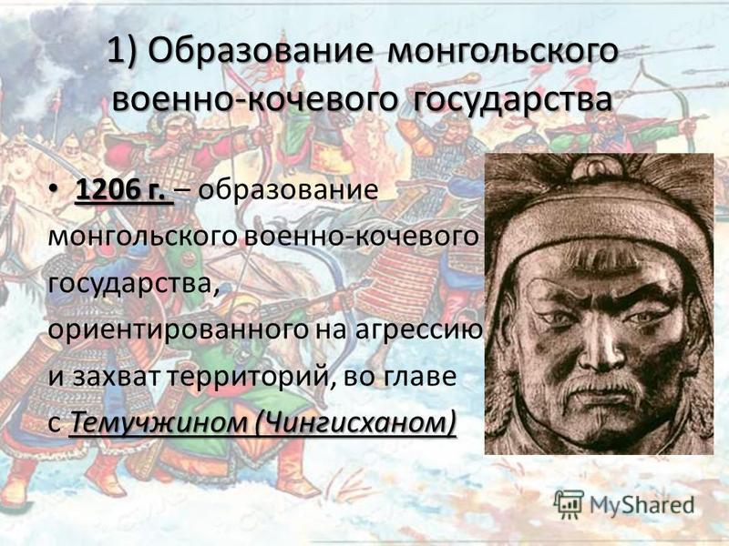 1) Образование монгольского военно-кочевого государства 1206 г. 1206 г. – образование монгольского военно-кочевого государства, ориентированного на агрессию и захват территорий, во главе Темучжином (Чингисханом) с Темучжином (Чингисханом)