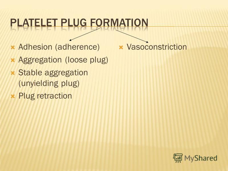 Adhesion (adherence) Aggregation (loose plug) Stable aggregation (unyielding plug) Plug retraction Vasoconstriction