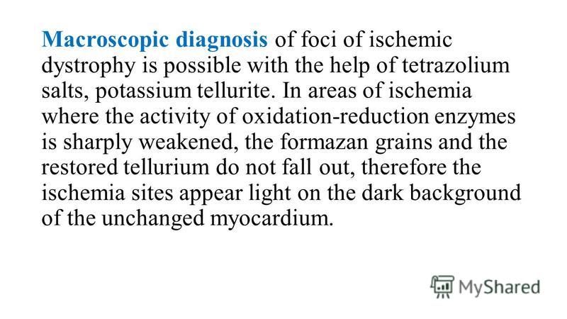 Macroscopic diagnosis of foci of ischemic dystrophy is possible with the help of tetrazolium salts, potassium tellurite. In areas of ischemia where the activity of oxidation-reduction enzymes is sharply weakened, the formazan grains and the restored 