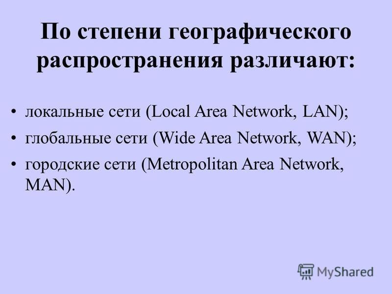 По степени географического распространения различают: локальные сети (Local Area Network, LAN); глобальные сети (Wide Area Network, WAN); городские сети (Metropolitan Area Network, MAN).