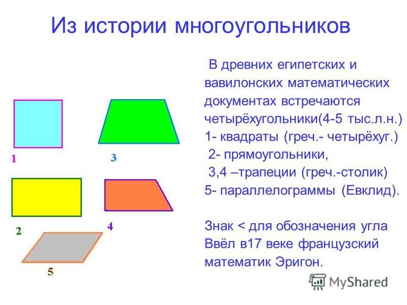 Из истории многоугольников В древних египетских и вавилонских математических документах встречаются четырёхугольники(4-5 тыс.л.н.) 1- квадраты (греч.- четырёхуг.) 2- прямоугольники, 3,4 –трапеции (греч.-столик) 5- параллелограммы (Евклид). Знак < для