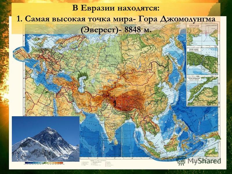 В Евразии находятся: 1. Самая высокая точка мира- Гора Джомолунгма (Эверест)- 8848 м. 1