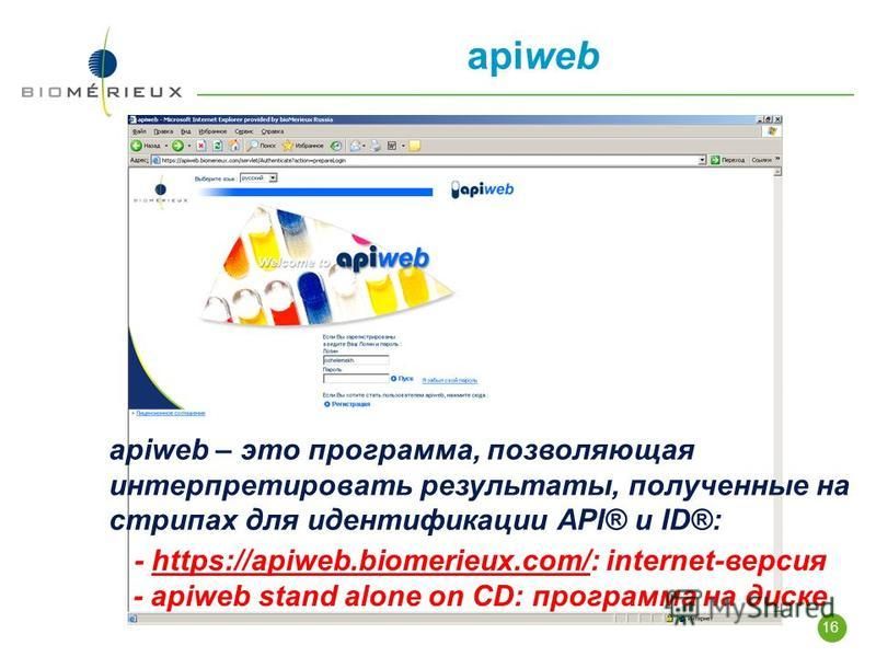 16 apiweb apiweb – это программа, позволяющая интерпретировать результаты, полученные на стрипах для идентификации API® и ID®: - https://apiweb.biomerieux.com/: internet-версия - apiweb stand alone on CD: программа на диске