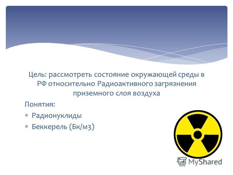 Цель: рассмотреть состояние окружающей среды в РФ относительно Радиоактивного загрязнения приземного слоя воздуха Понятия: Радионуклиды Беккерель (Бк/м 3)