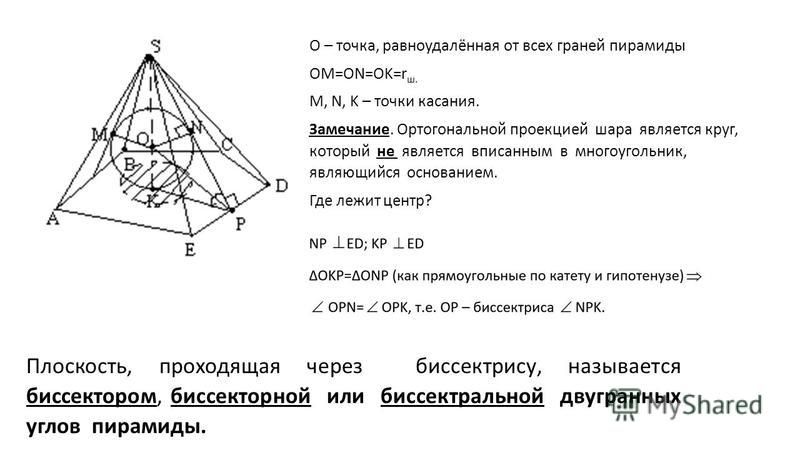 О – точка, равноудалённая от всех граней пирамиды OM=ON=OK=r ш. M, N, K – точки касания. Замечание. Ортогональной проекцией шара является круг, который не является вписанным в многоугольник, являющийся основанием. Где лежит центр? Плоскость, проходящ