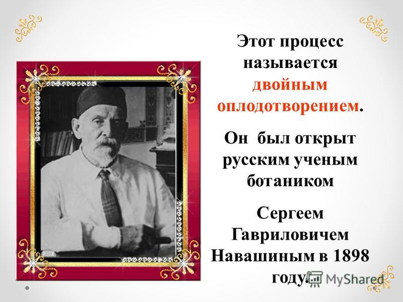 Этот процесс называется двойным оплодотворением. Он был открыт русским ученым ботаником Сергеем Гавриловичем Навашиным в 1898 году.