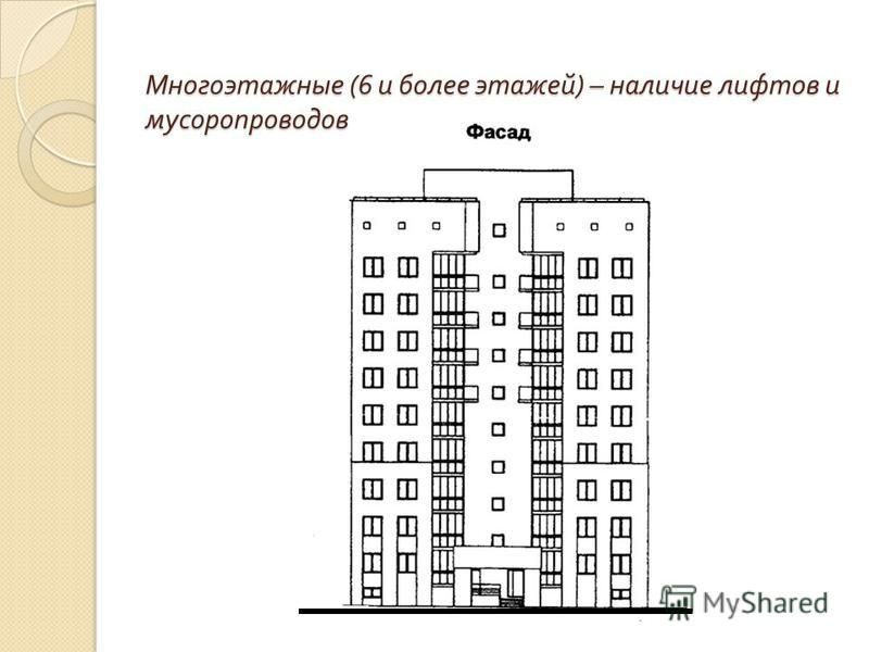 Многоэтажные (6 и более этажей ) – наличие лифтов и мусоропроводов