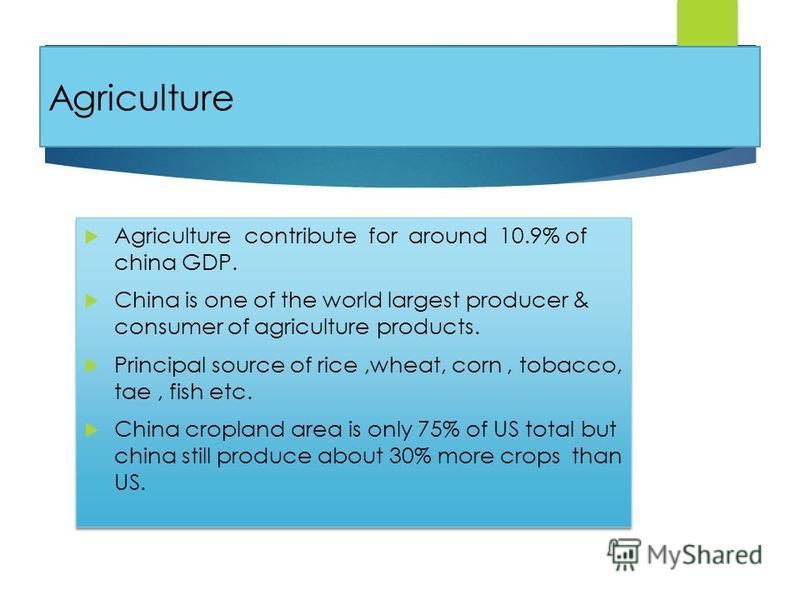 Agriculture Agriculture contribute for around 10.9% of china GDP. China is one of the world largest producer & consumer of agriculture products. Principal source of rice,wheat, corn, tobacco, tae, fish etc. China cropland area is only 75% of US total