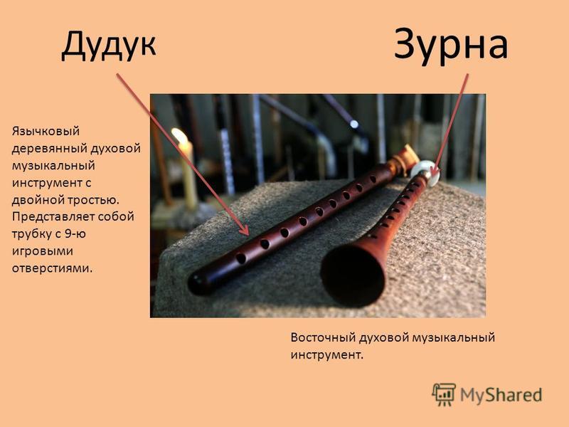 Дудук Зурна Язычковый деревянный духовой музыкальный инструмент с двойной тростью. Представляет собой трубку с 9-ю игровыми отверстиями. Восточный духовой музыкальный инструмент.