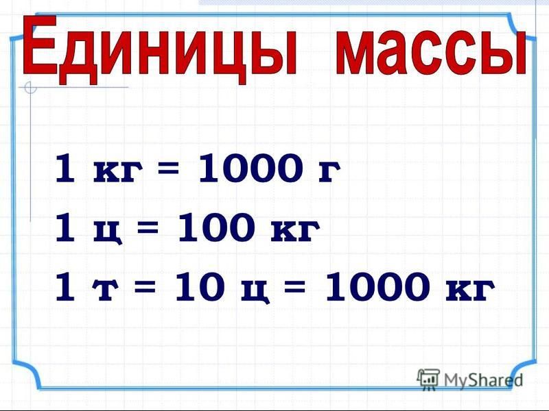 1 кг = 1000 г 1 ц = 100 кг 1 т = 10 ц = 1000 кг