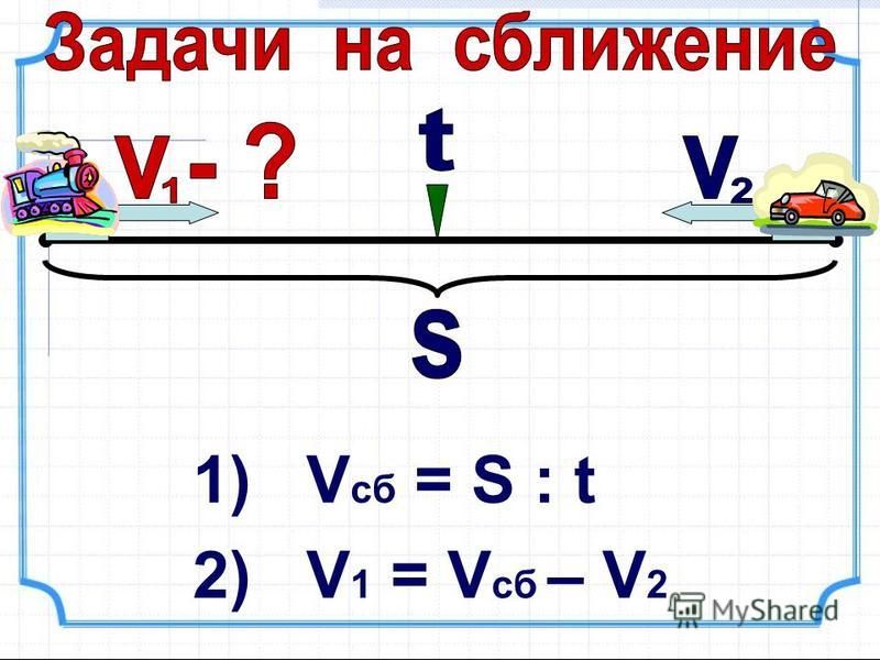 1) V сб = S : t 2) V 1 = V сб – V 2