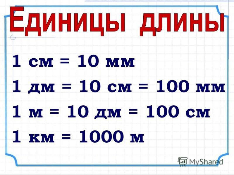 1 см = 10 мм 1 дм = 10 см = 100 мм 1 м = 10 дм = 100 см 1 км = 1000 м