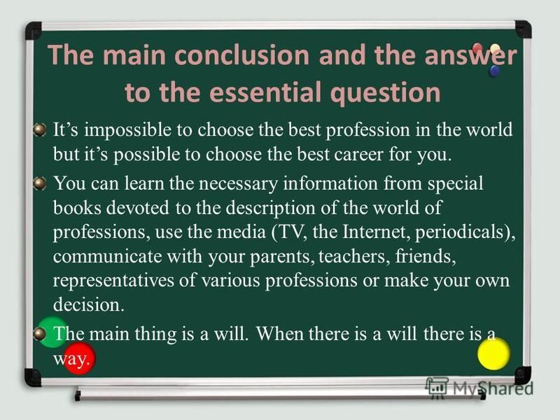 The main conclusion and the answer to the essential question Its impossible to choose the best profession in the world but its possible to choose the best career for you. You can learn the necessary information from special books devoted to the descr