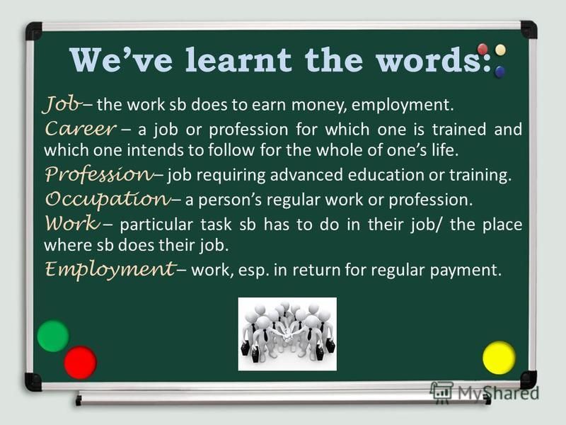 Weve learnt the words: Job – the work sb does to earn money, employment. Career – a job or profession for which one is trained and which one intends to follow for the whole of ones life. Profession – job requiring advanced education or training. Occu