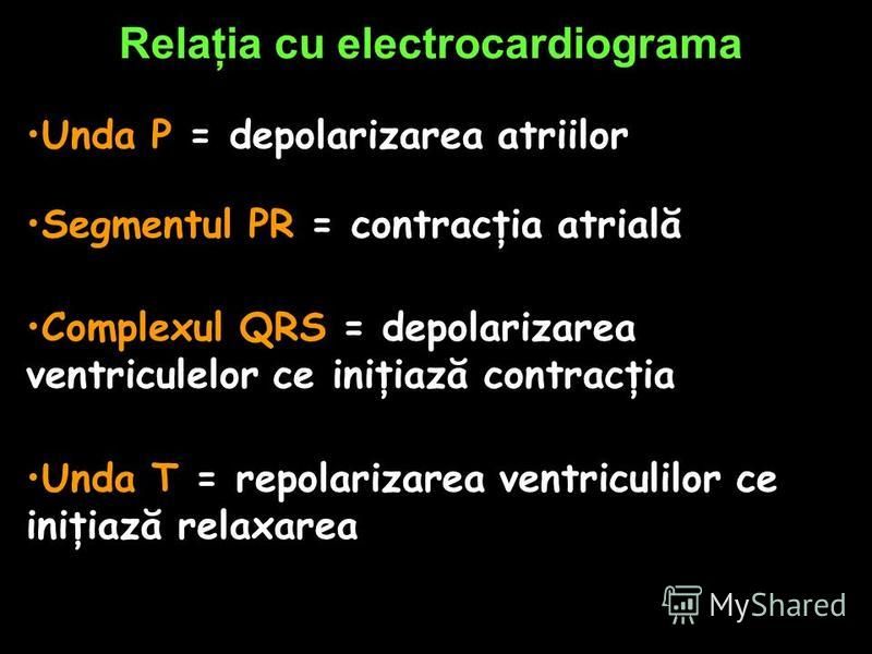 Relaţia cu electrocardiograma Unda P = depolarizarea atriilor Complexul QRS = depolarizarea ventriculelor ce iniţiază contracţia Unda T = repolarizarea ventriculilor ce iniţiază relaxarea Segmentul PR = contracţia atrială