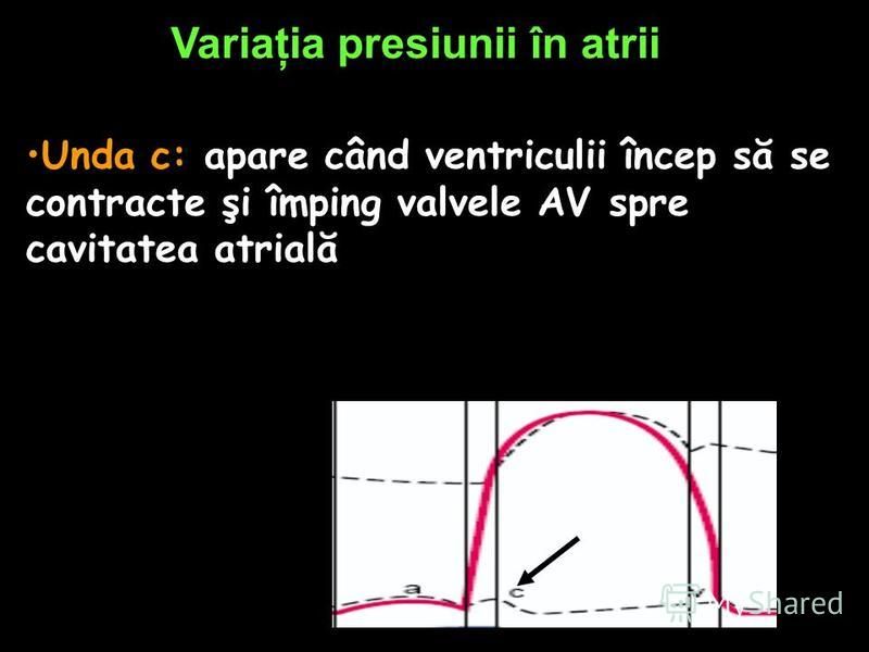 Variaţia presiunii în atrii Unda c: apare când ventriculii încep să se contracte şi împing valvele AV spre cavitatea atrială