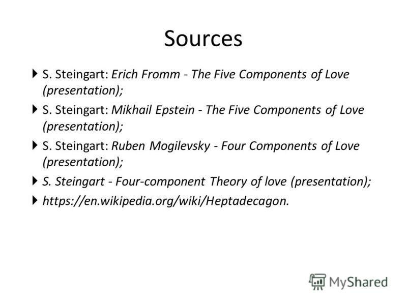 Sources S. Steingart: Erich Fromm - The Five Components of Love (presentation); S. Steingart: Mikhail Epstein - The Five Components of Love (presentation); S. Steingart: Ruben Mogilevsky - Four Components of Love (presentation); S. Steingart - Four-c