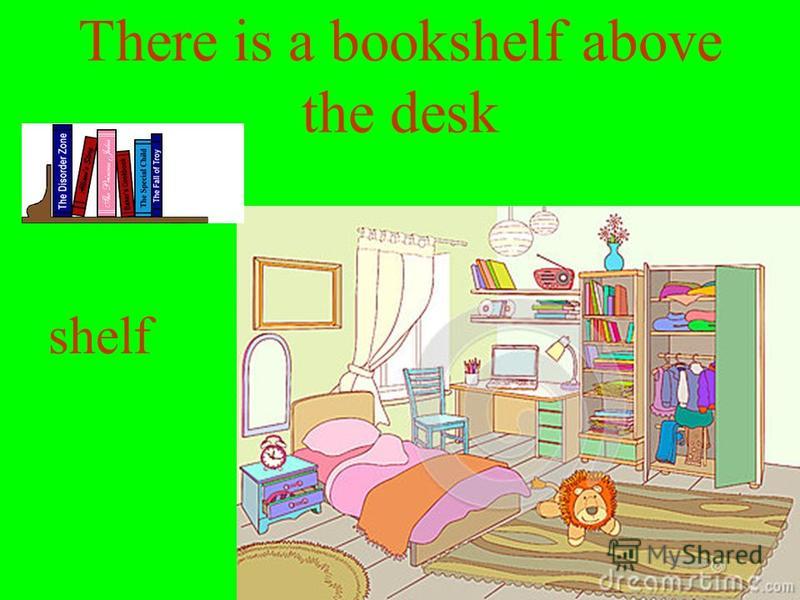 There is a bookshelf above the desk shelf