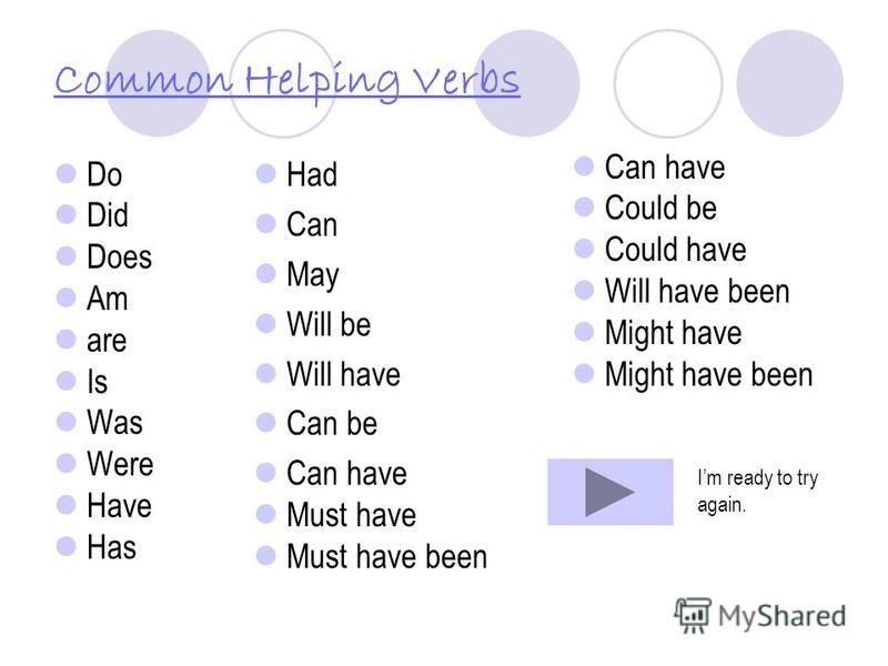 Sorry…Heres another example ! A verb phrase consists of two things: 1. The main verb 2. A helping verb Example: Molly had to go to Billy. Main verbHelping verbs Im ready to try again! I need more review. Note: Sometimes a helping verb is more than on