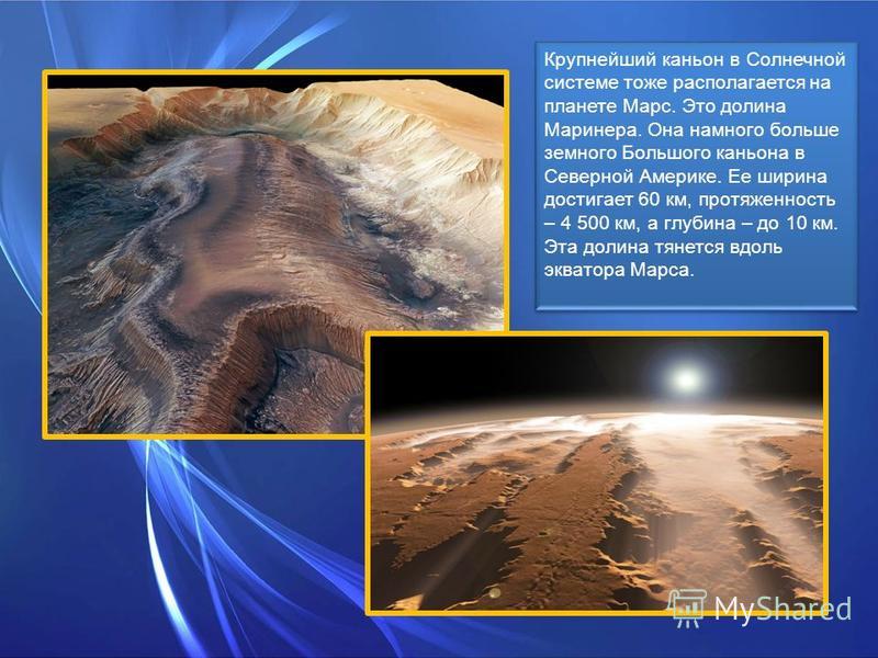Крупнейший каньон в Солнечной системе тоже располагается на планете Марс. Это долина Маринера. Она намного больше земного Большого каньона в Северной Америке. Ее ширина достигает 60 км, протяженность – 4 500 км, а глубина – до 10 км. Эта долина тянет