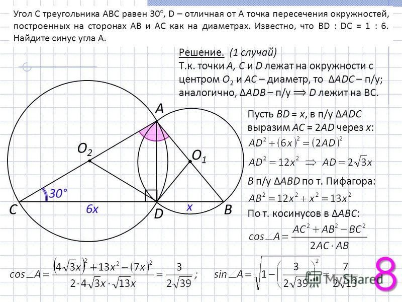 Угол C треугольника ABC равен 30°, D – отличная от A точка пересечения окружностей, построенных на сторонах AB и AC как на диаметрах. Известно, что BD : DC = 1 : 6. Найдите синус угла A. O2O2 А С В D O1O1 30° 6 х х Решение. (1 случай) Т.к. точки A, С