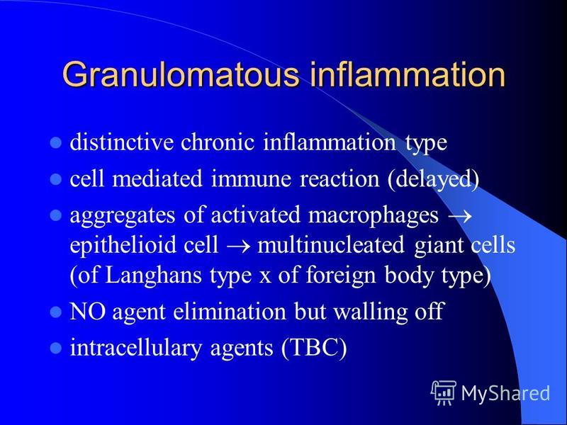 Granulomatous inflammation distinctive chronic inflammation type cell mediated immune reaction (delayed) aggregates of activated macrophages epithelioid cell multinucleated giant cells (of Langhans type x of foreign body type) NO agent elimination bu