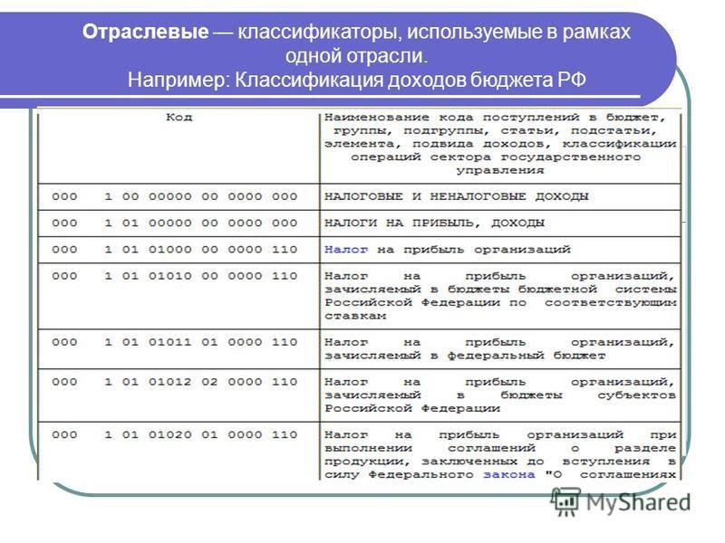 Отраслевые классификаторы, используемые в рамках одной отрасли. Например: Классификация доходов бюджета РФ