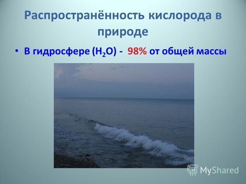 Распространённость кислорода в природе В гидросфере (Н 2 О) - 98% от общей массы