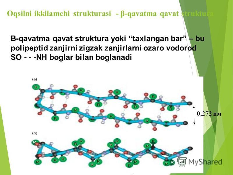 Oqsilni ikkilamchi strukturasi - β-qavatma qavat struktura Β-qavatma qavat struktura yoki taxlangan bar – bu polipeptid zanjirni zigzak zanjirlarni ozaro vodorod SO - - -NH boglar bilan boglanadi 0,272 нм